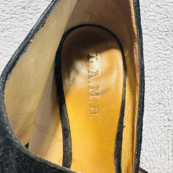 L.A.M.B. Gwen Stefani Black Suede Leather Peep Toe Strap High Stiletto Heels 7 - Picture 8 of 9